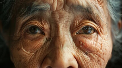 A weathered face of an older Asian woman, her eyes reflecting wisdom and experience