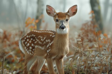 Obraz premium A young spotted deer stands alert in a misty forest environment with its face purposely blurred for privacy