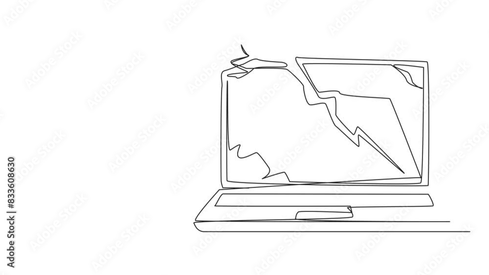 Poster animation of single one line drawing businesswoman preparing to hit laptop. rampage. destroying tech