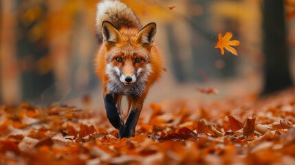 Fototapeta premium Cute red fox walking in autumn forest with orange leaves