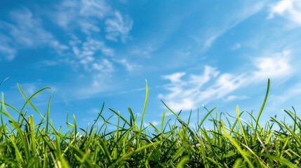 Obraz premium Close-up view of vibrant green grass blades reaching towards a clear blue sky with scattered clouds on a sunny day.