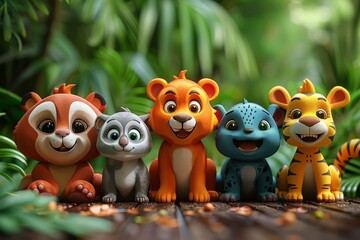 Naklejka premium Colorful and cute animated animal characters lined up in a natural setting, giving a sense of playfulness