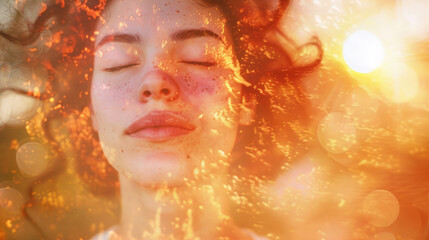 Double exposure portrait of a dreamy serene woman at sunset