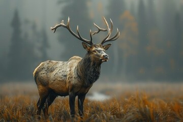 Fototapeta premium A dramatic image of an adult stag in majestic wilderness with a misty, atmospheric backdrop