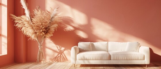 Inside lounge design for a modern space. High-end gray accent chair. Three-dimensional rendering. Pink pastel apricot warm color painted. 