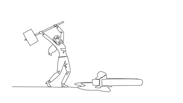 Animated self drawing of single continuous line drawing businesswoman preparing to hit the big hourglass. Remove reminders. Undisciplined. Detrimental to the company. Full length single line animation