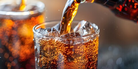 Capturing Fizzy Bubbles: Close-up of Cola Pouring into Glass with Ice. Concept Close-up Photography, Carbonated Drinks, Pouring Cola, Vibrant Bubbles, Glass with Ice