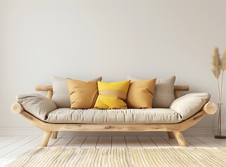 Beige living room with a wooden sofa and yellow pillows against a white wall, boho interior design of a modern home in the style of a modern artist