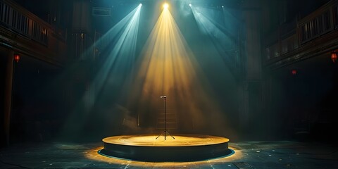 Stage lit with single spotlight hinting at upcoming performance or event. Concept Spotlight, Stage, Performance, Event, Dramatic Lighting