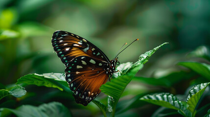 Fototapeta premium Fragile butterfly resting on a green plant in a serene garden