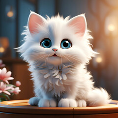 Obraz premium Cute white kitten with blue eyes sits on a wooden table.