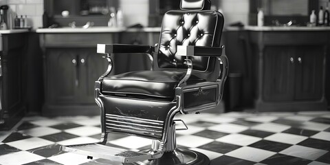 Modern barbershop armchair with a vintage touch in black and white. Concept Barbershop design, vintage armchair, modern aesthetic, black and white decor,