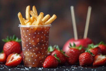 Crispy golden fries presented in a trendy cup, accompanied by fresh red strawberries - Powered by Adobe