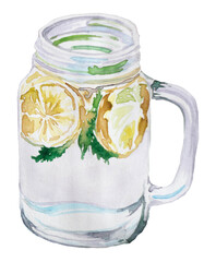 Glass jug with summer fresh drink isolated on white. Watercolor lemonade drink clipart.