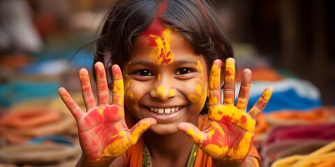 Young Indian child displaying colorful hands. Concept Indian Culture, Traditional Attire, Vibrant Colors, Cultural Traditions, Hand Gestures