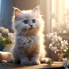 Cute kitten with blue eyes sitting on the windowsill with white flowers.