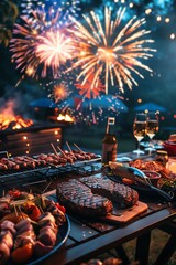Barbecue party with colorful explosions in the night sky on United States Independence Day, close up, cityscape, vibrant, Manipulation, modern home backyard backdrop
