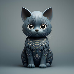cute cartoon cat with patterned body and blue eyes sitting on gray background