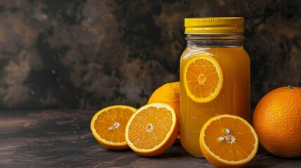 Freshly squeezed orange juice in a mason jar with sliced oranges displayed on a rustic background, showcasing vibrant and healthy citrus fruit.