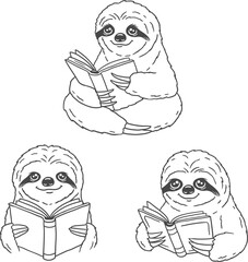 set of sloth reading, vector, isolated outline drawing.
