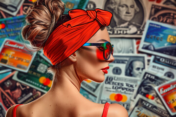 A woman wearing a red shirt and a red bandana is posing in front of a pile of money
