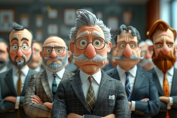 A group of cartoon executives in suits, faces obscured, emphasizing formal attire and a professional setting