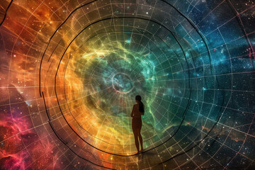 A woman stands in a spiral tunnel of colors and stars
