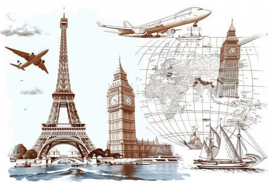 A drawing of an airplane flying over the Eiffel Tower, the Big Ben clock tower, and a ship