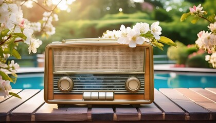 Antique radio on a vintage table, pool and flowers in the background.