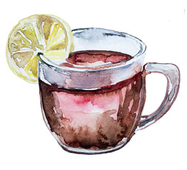 Cup of tea with lemon. Watercolor hot tea mug clipart isolated on white.