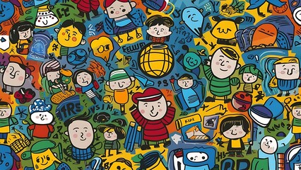 Obraz premium Colorful funny children doodle icon seamless pattern. Cute happy kid drawing