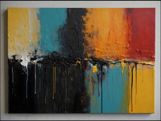 Abstract painting on a canvas that has been prepared from edge-to-edge with large areas of various colors design, overlay onto that prepared canvas broad strokes of action slashes of black design