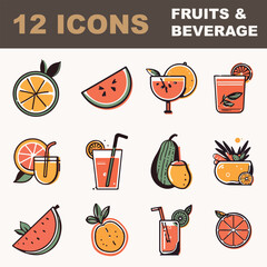 Set of minimalist line icons, summer fruits and coctails.