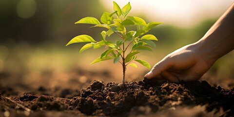 Planting a tree in sunny soil nurturing growth with caring hands. Concept Gardening, Planting, Tree Care, Soil Preparation, Sun Exposure