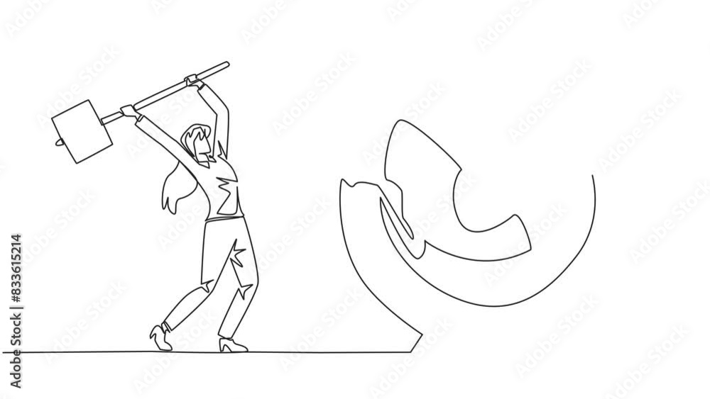 Poster animation of single continuous line drawing businesswoman preparing to hit the big target arrow boar