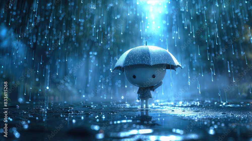 Poster 3d cartoon character with an umbrella under an unexpected heavy rainstorm, symbolizing unpredictable