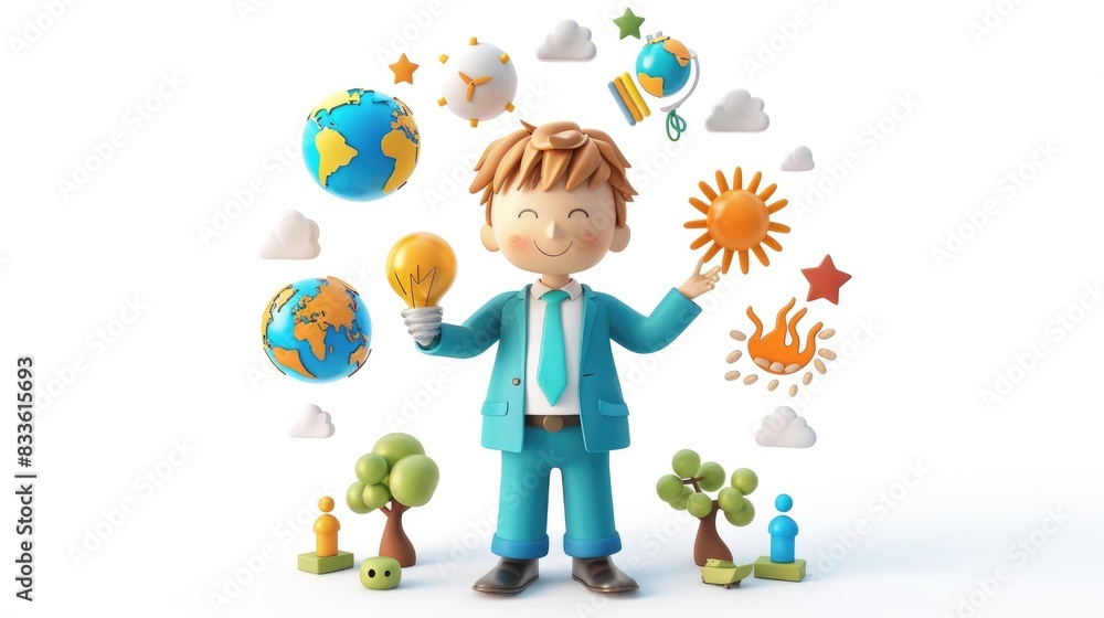Poster 3d character in business attire holding a globe surrounded by rising temperature icons, symbolizing 