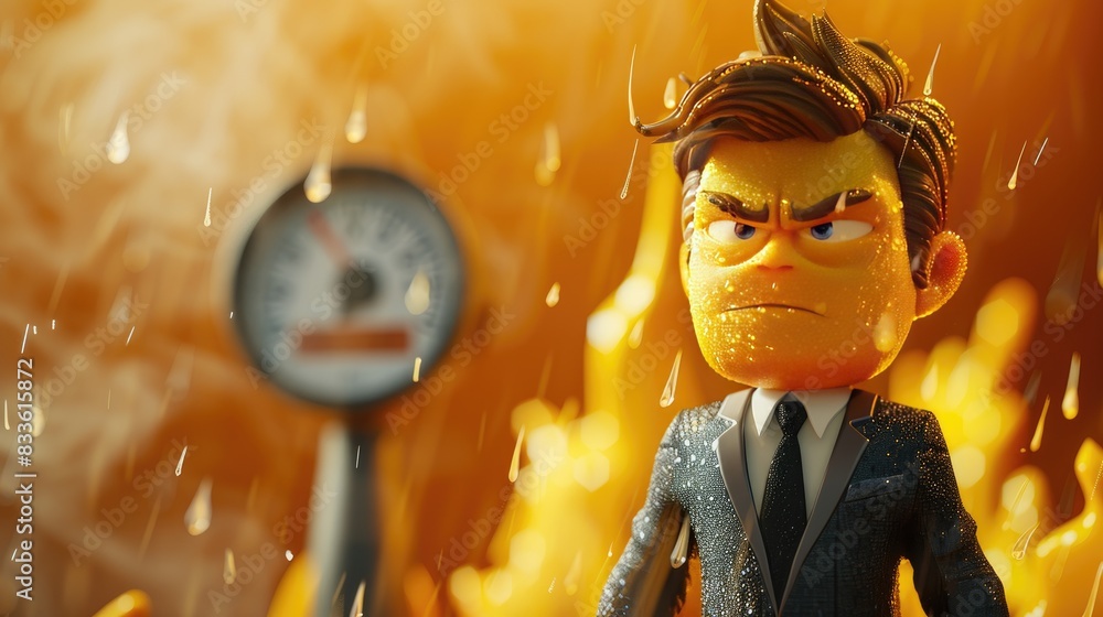 Poster 3d character wearing a suit and tie, sweating profusely while standing next to a thermometer showing