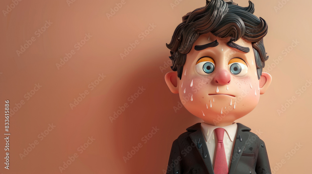 Poster 3d character wearing a suit and tie, sweating profusely while standing next to a thermometer showing