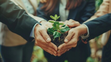 Green business eco company partners holding plant together trust mission team with green hands stacked. Ecology collaboration development ecosystem organization in greenery company partnership concept