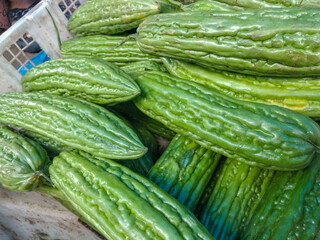 pile of bitter melon sold in a traditional Indonesian market. close-up view