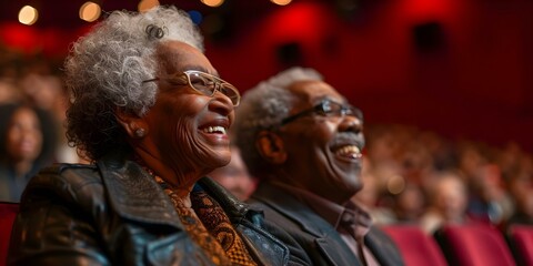 Elderly African American couple joyfully laughing in theater audience. Concept Joyful Portraits, Theater Moments, Senior Love, African American Culture, Laughter_capture