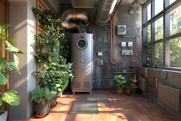 A modern water heating system in a residential basement featuring a water heater and expansion tank.