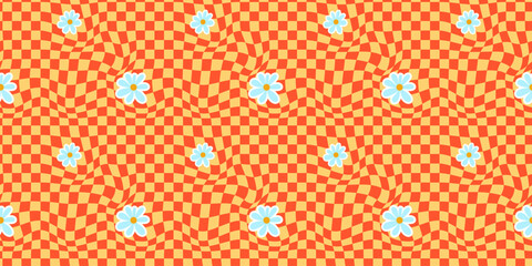 Psychedelic checkerboard and daisy background. Wavy vector illustrations, trendy psychedelic style and groovy color checkerboard.