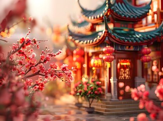 Chinese traditional architecture and cherry blossoms