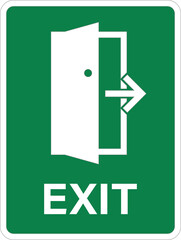 Green rectangle exit sign, with arrow toward opened door illustration