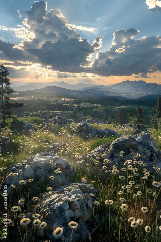 Poster Mountain Landscape with Sunlight Through Clouds and Wildflowers