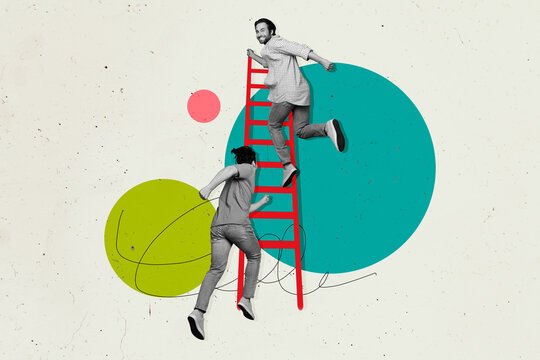 Collage artwork sketch of cheerful happy motivated people ladder stairs isolated on creative drawing background