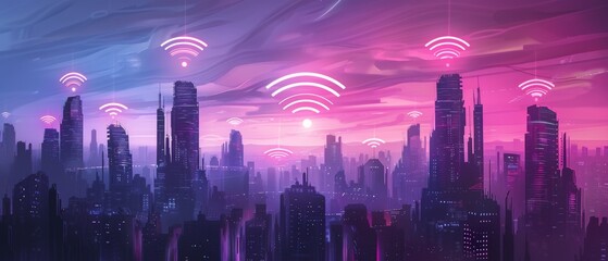 Modern city with wireless network connection and city scape concept. Wireless Signs Encompassing the Globe.