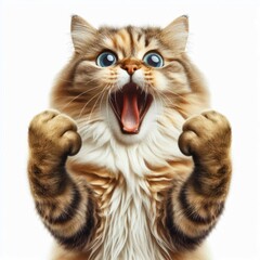 Fototapeta premium funny cat with fists raised in triumph, mouth wide open Isolated on white background